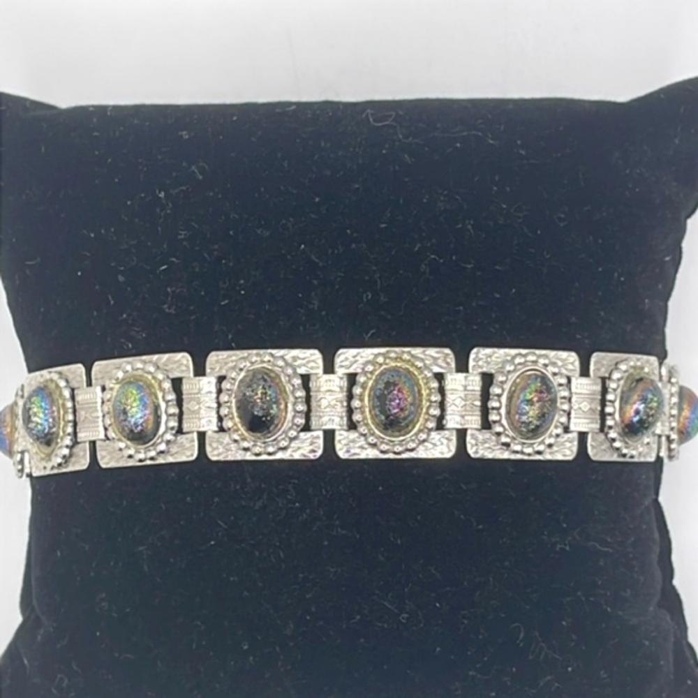 Embossed Silver Tone Druzy Style Book Chain Southwestern Style Bracelet